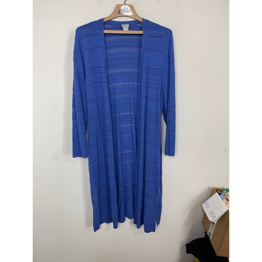 Chicos Blue Pointelle Knit Longline Cardigan Duster‎ Size 3 XL Open Front Rayon